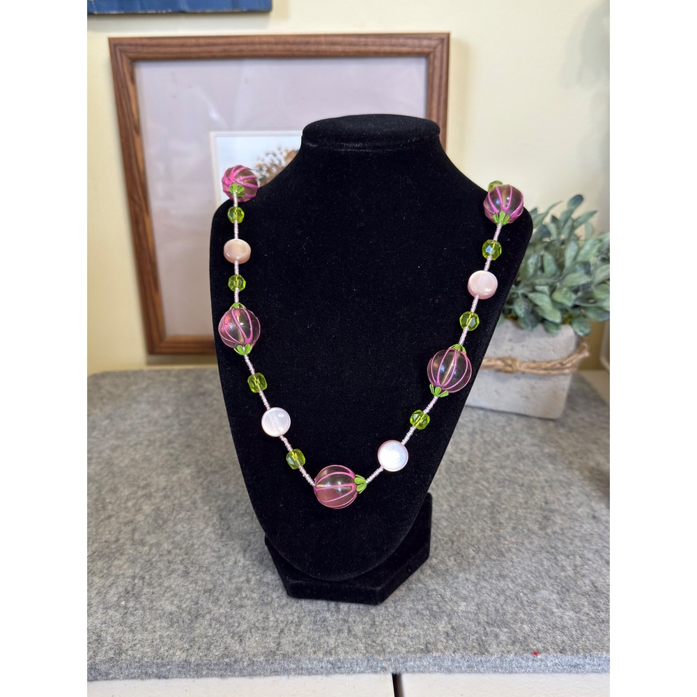 Vintage Pink Green Melon Bead Necklace Garden Floral Eclectic Statement 30 Inch - Picture 2 of 8